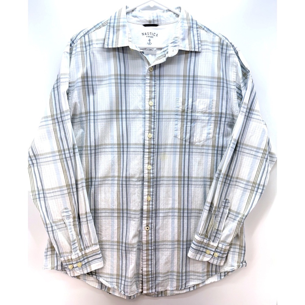 Vintage Nautica Mens Plaid 100% Cotton Button Up Shirt XL Preppy Coastal‎ Chore